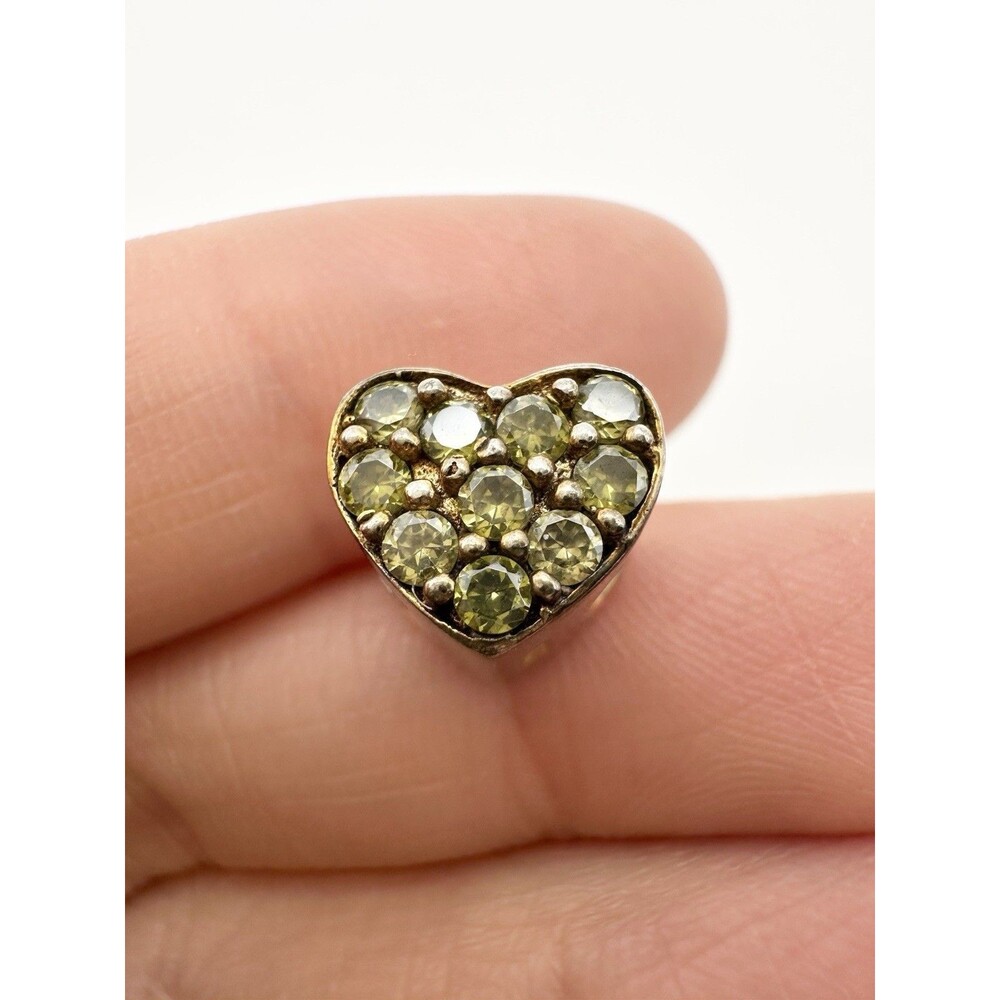 925 Sterling Silver Gold Plated Pave Green Stone Heart Charm